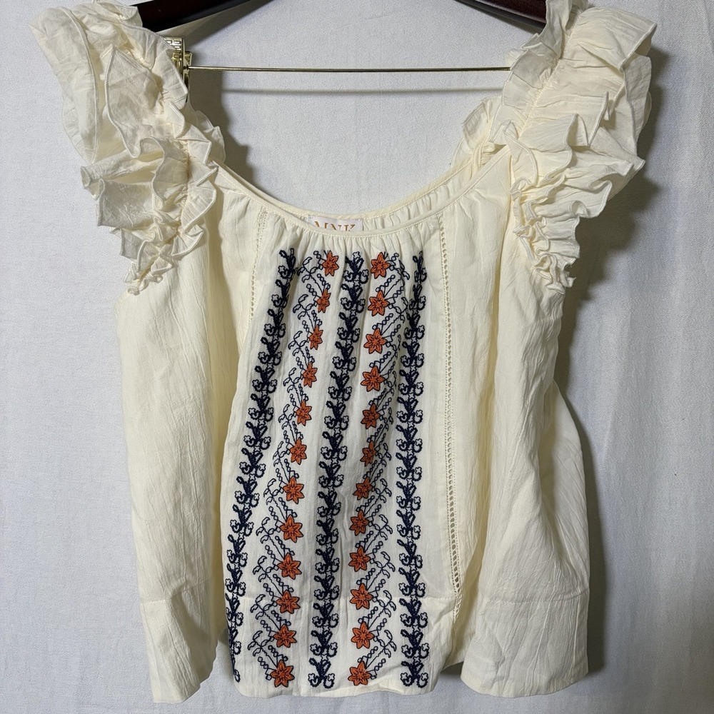Women's MNK Ruffle Detail‎ Tank Blouse Sz Medium Ivory Floral Polyester Summer